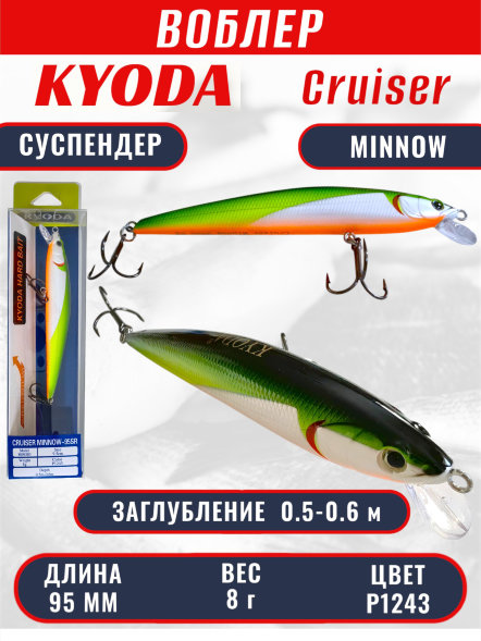 Воблер KYODA Cruiser Minnow-95SP, длина 9,5 см, вес 8.0 гр цвет P1243, заглубление 0,5-0,6 м