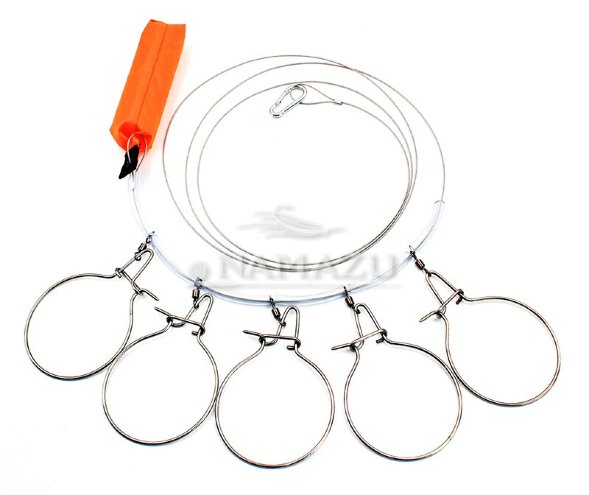 Кукан Namazu металлический трос 3,0 м, d-2 мм 5 круглых карабинов, с поплавком уп. чехол